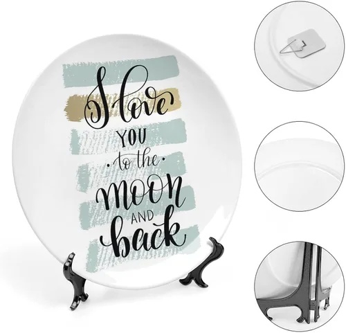 Vista 4 de XISUNYA Plato decorativo de 6 pulgadas, plato de cena con texto en inglés "I Love You to the Moon and Back", accesorio de decoración de cerámica