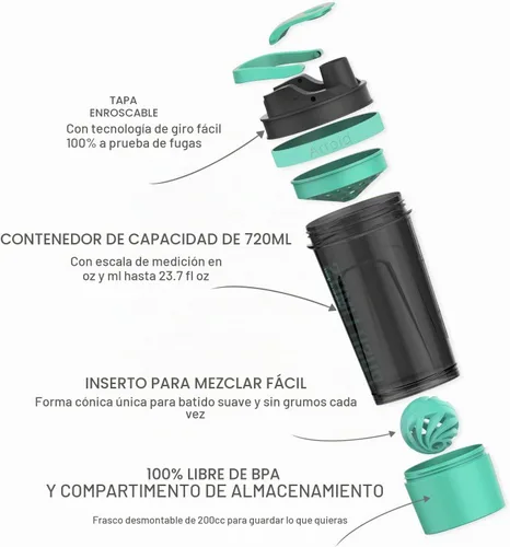 Vista 2 de Artoid Mode Botella Batidora de Proteínas de 24 Onzas, Tecnología de Mezcla Dual, Sin BPA, Verde Aqua/Negro Verde aguamarina/negro