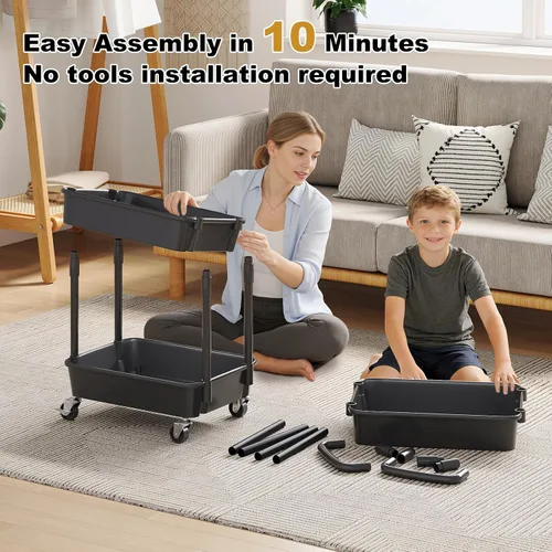 Vista 4 de Carrito rodante de 3 niveles con ruedas, carrito organizador de estantes de plástico negro de tres niveles con ruedas con cerradura, pequeño carrito