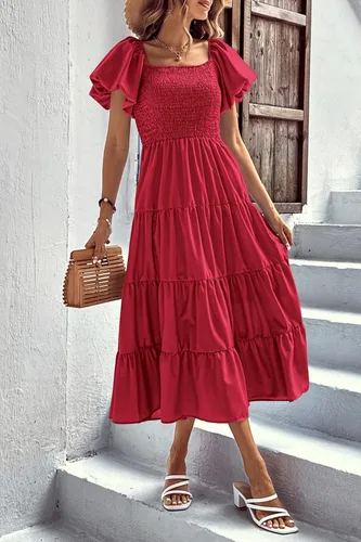 Vista 8 de PRETTYGARDEN Vestido midi casual de verano para mujer, manga corta, cuello cuadrado, fruncido, con volantes
