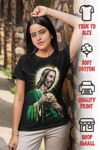 Vista 2 de Camiseta gráfica para mujer, diseño de San Judas de Tadeo, San Judas Patron, católico
