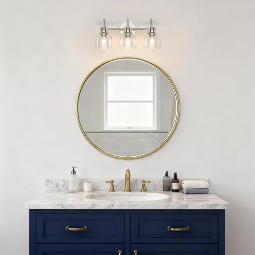 Vista 7 de Lámpara de tocador de baño de 3 luces, níquel cepillado, tradicional, clásica, con vidrio transparente, accesorios de iluminación de baño sobre