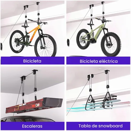 Vista 7 de TRUSOON Paquete de 2 polipastos de bicicleta, sistema de polea de elevación de bicicleta eléctrica resistente para almacenamiento en techo de garaje