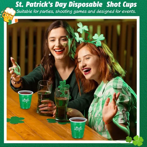 Vista 7 de Gerrii 100 vasos de chupito de 2 onzas para el día de San Patricio, desechables de plástico, regalos de fiesta de San Patricio para cumpleaños