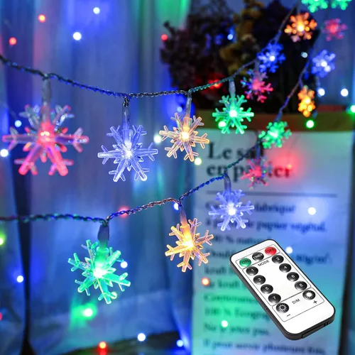 Vista 7 de BrizLabs - Luces de copo de nieve de colores, 40 LED 16.08 pies de luces de Navidad en forma de copo de nieve con control remoto, 8 modos de luces