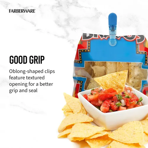 Vista 5 de Farberware Clips para bolsa, juego de 15 clips magnéticos translúcidos para almacenamiento de alimentos, colores surtidos con agarres