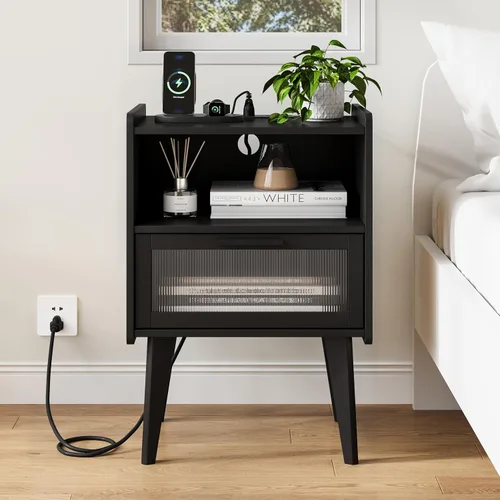 Vista 5 de MMEOLUOOK Mesita de noche con estación de carga, mesitas de noche, mesa auxiliar con espacio de almacenamiento de 2 niveles, para dormitorio, sala