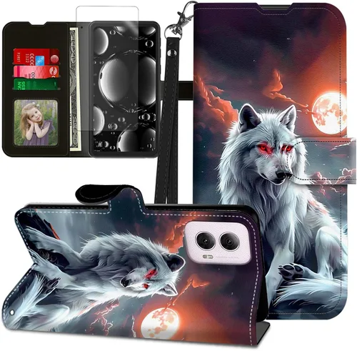 Vista 277 de Funda para Motorola Edge 2022 con protector de pantalla, soporte y tarjetero y correa para la muñeca, funda magnética para Moto Edge 2022 5G UW Lobo