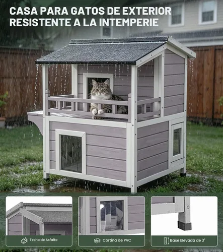 Vista 6 de GUTINNEEN Casa de Gatos al Aire Libre Resistente al Agua, Refugio para Gatos Ferales con Balcón, Refugio de Madera para Gatos Impermeable
