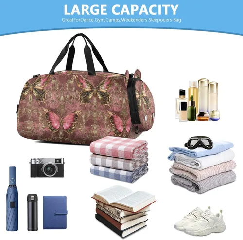 Vista 5 de Peach Gold Vintage Butterfly Gym Duffel Bag with Shoes Compartment Lightweight Kids Overnight Bag for Beach Swim Pool Sports bolso para gym mujer