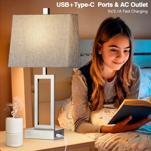 Vista 2 de Lolikit Lámparas de mesa con control táctil de 23.5 pulgadas, lámpara de noche de metal para dormitorio, juego de 2 con puertos USB A+C y salida