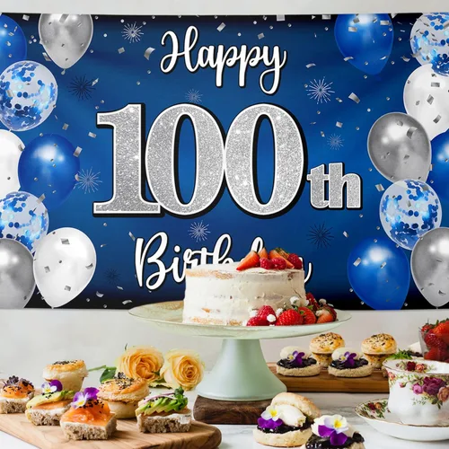 Vista 4 de Decoración de feliz cumpleaños número 100, globo azul y plateado grande cartel de fondo de cumpleaños de 100 años - Suministros para fiesta