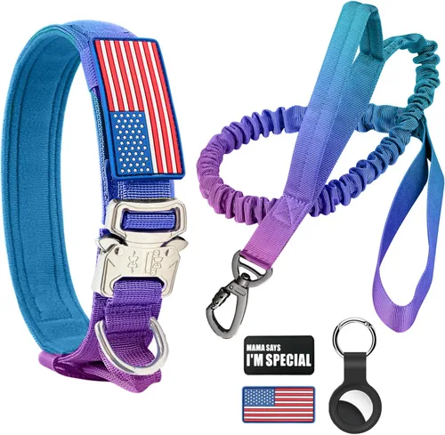 Vista 12 de Collar táctico para perro y correa elástica, juego de collar y correa militar para perro con bandera estadounidense de Estados Unidos, collar K9