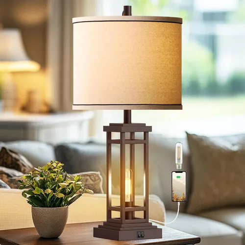 Vista 8 de ROTTOGOON Lámpara de mesa de granja de 27.5 pulgadas de altura con puertos de carga USB C + USB A, lámpara rústica para sala de estar, lámpara