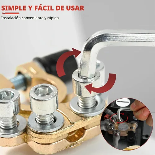 Vista 7 de Conectores de abrazadera de terminal de batería, 1 par de 4 vías, clip de conector de terminal de batería para coche, de latón puro, cabezas de pila