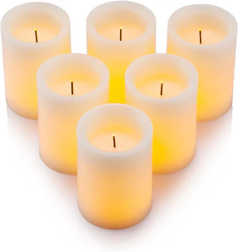 Vista 4 de Velas LED sin llama parpadeo 3 in x 4 in con 10 teclas control remoto, temporizador clásico pilar fibra óptica mecha velas de cera real, funciona