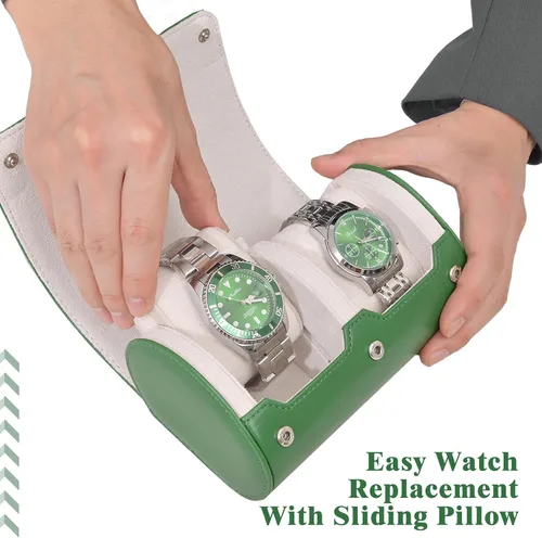Vista 4 de Flyroom Estuche de viaje para 2 relojes, caja de reloj para mujeres y hombres, portátil, de lujo, de cuero, organizador de rollos de almacenamiento