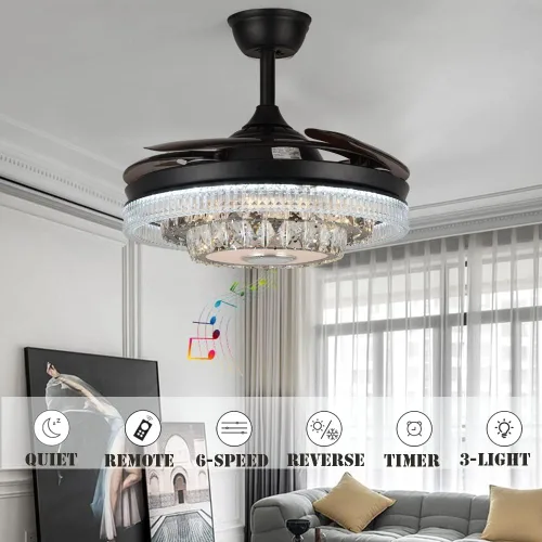 Vista 4 de Fandian Ventilador de techo inteligente moderno de 42 pulgadas con luces de control remoto, candelabro de cristal retráctil de inversa negra