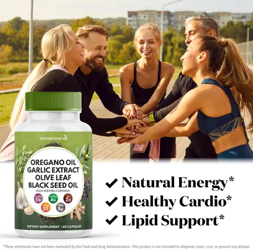 Vista 4 de Superfood MD Aceite de orégano Extracto de ajo, hoja de olivo, aceite de semilla negra, astrágalo, para mujeres y hombres, 60