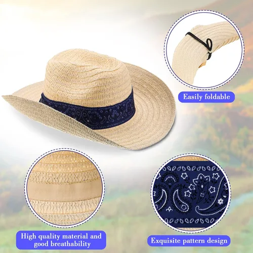 Vista 3 de Leumoi 12 sombreros de vaquero occidental con bandana roja, sombrero clásico de paja de vaquero para vaquero, roeo, fiesta temática, cosplay