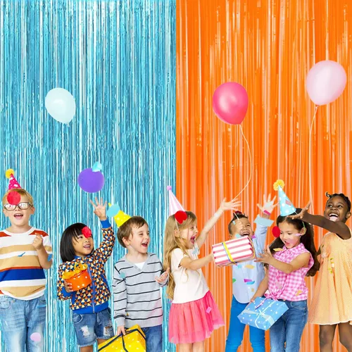 Vista 3 de Paquete de 2 cortinas de flecos metálicos de aluminio azul y naranja para decoraciones de fiesta, cortina de fondo azul y naranja para fiesta