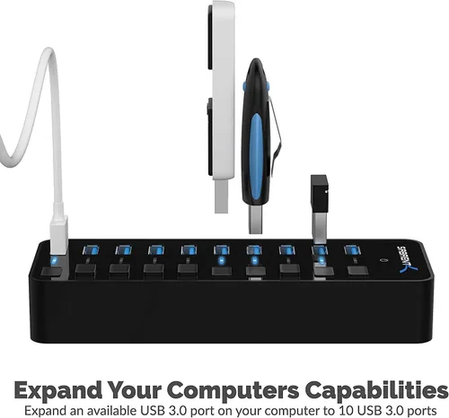 Vista 2 de SABRENT Concentrador USB 3.0 alimentado de 10 puertos y 60 W, interruptores