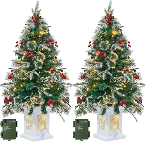 Vista 9 de Árbol de Navidad artificial preiluminado de 3 pies con base vintage en Árbol de abeto de Navidad iluminado con luces LED, funciona con pilas y 8