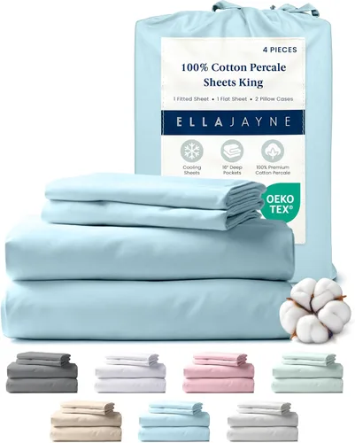 Vista 27 de Ella Jayne Sábanas de percal tamaño individual (3 piezas) Permium 100% algodón percal TC300, colección de lujo de hotel, bolsillos profundos y juego