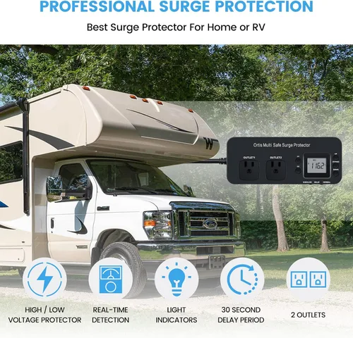 Vista 2 de Ortis Protector contra sobretensiones para electrodomésticos RV de doble salida (negro)