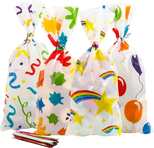 Vista 16 de 100 bolsas de celofán, bolsas de celofán transparente impresas con estrellas doradas de 3 x 5 pulgadas, 100 lazos giratorios, para envolver regalos