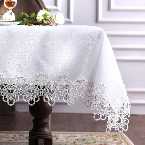 Vista 7 de ARTABLE Mantel rectangular de tela de encaje con borde de macramé, manteles de cocina bordados transparentes para elegantes mesas largas de Blanco