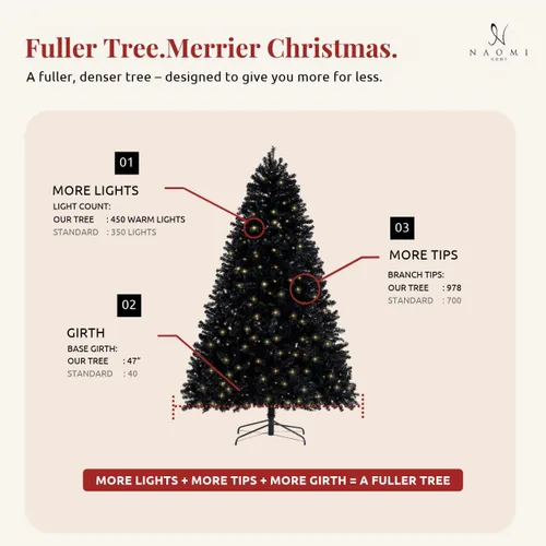 Vista 4 de Naomi Home - Árbol de Navidad negro preiluminado de 6.5 pies, 450 luces