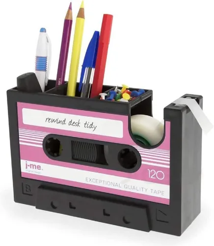 Vista 4 de Soporte de lápiz de cinta creativa, Dispensador de cinta de casete retro, Contenedor ordenado de escritorio de papelería, Organizador de suministros