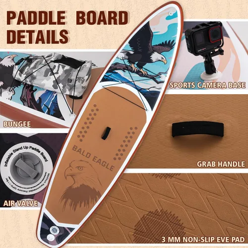 Vista 4 de FEATH-R-LITE Tabla de remo inflable para adultos SUP con bomba de accesorios premium, pala ajustable, correa, tres aletas, mochila