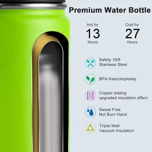Vista 5 de Koodee Paquete de 2 botellas de agua, de 12 onzas, acero inoxidable, con aislamiento al vacío, con tapa de boquilla a prueba de fugas, color verde