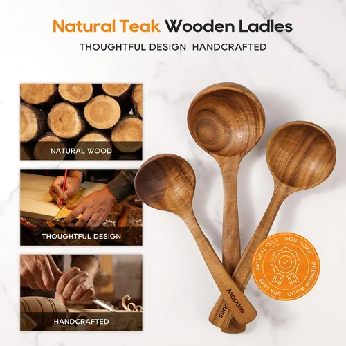 Vista 4 de Cucharón de madera para sopa, cucharón de madera de teca de 3 tamaños con ganchos traseros, cucharas de madera resistentes al calor para cocinar