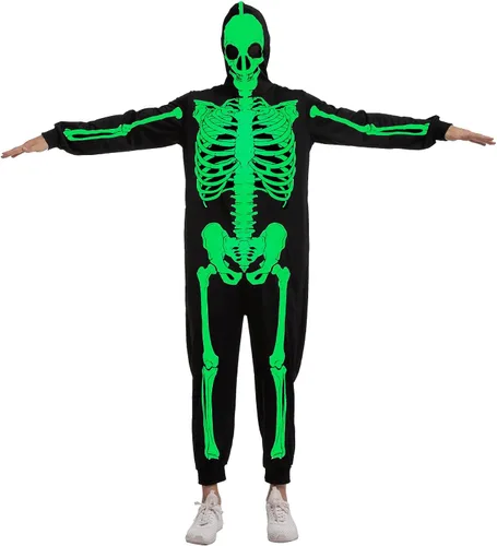 Vista 4 de Spooktacular Creations Pijama de esqueleto, disfraz de esqueleto que brilla en la oscuridad, overol para mujeres adultas para fiesta temática