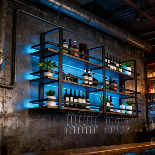 Vista 8 de Estante para vino montado en la pared con luces LED, estantes flotantes de 3 niveles de licor de metal, con estante para copas de vino, estante