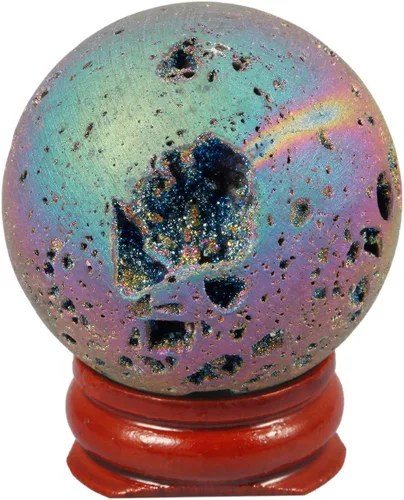 Vista 7 de TUMBEELLUWA Piedra preciosa de geoda de ágata druzy, cristal curativo de cuarzo Aura recubierto de titanio, con soporte de madera, decoración