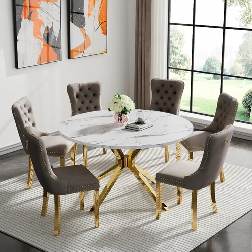 Vista 79 de Juego de 5 mesas de comedor, juego de mesa de cocina y comedor para 4, mesa de cocina rectangular de mármol sintético blanco de 47 pulgadas con base