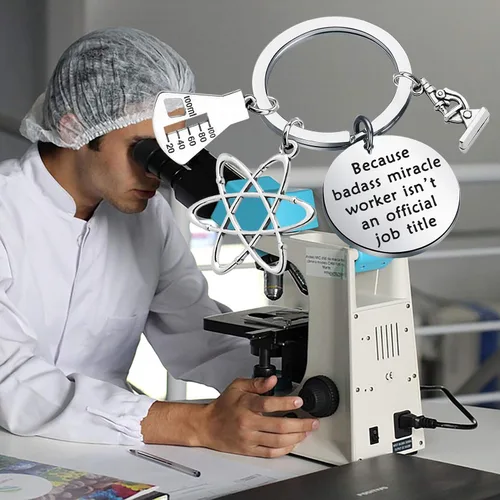 Vista 5 de Llavero de química biológica, microscopio átomo, química, joyería científica y regalo