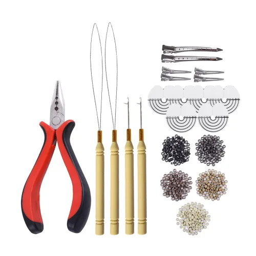 Vista 14 de Alicates de pelo de tres agujeros + aguja de gancho micro tirador + aguja enhebradora de bucle para extensiones de cabello