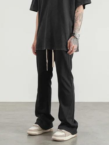 Vista 4 de WDIRARA Pantalones deportivos acampanados de pierna ancha para hombre, pantalones con cordón de cintura alta, casuales, para exteriores