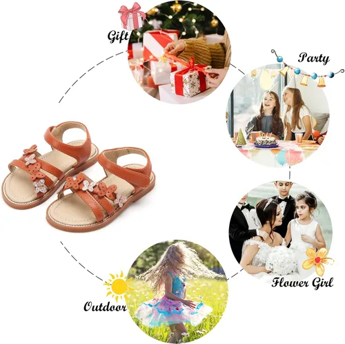 Vista 5 de Felix & Flora Sandalias para niña pequeña - Zapatos de vestir para niña de flores, puntera abierta, zapatos planos de verano para niños pequeños