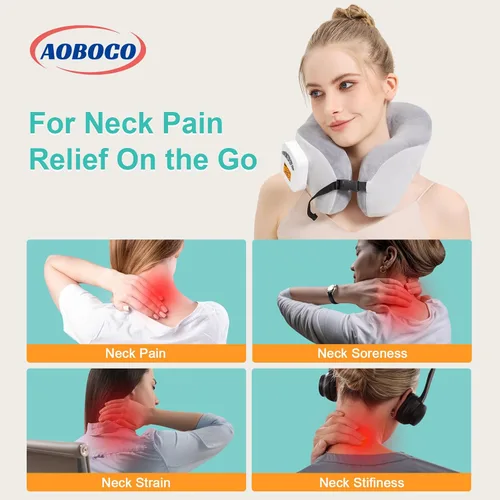 Vista 2 de AOBOCO Masajeador de cuello inalámbrico con calor, almohada de cuello calentada recargable de 5000 mAh para viajes, relajación de cuello, almohada