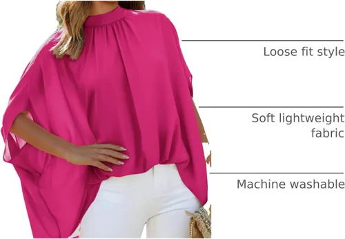 Vista 63 de BTFBM Blusas de verano para mujer, cuello alto falso, manga murciélago, holgadas, dobladillo alto y bajo, blusas informales de gran