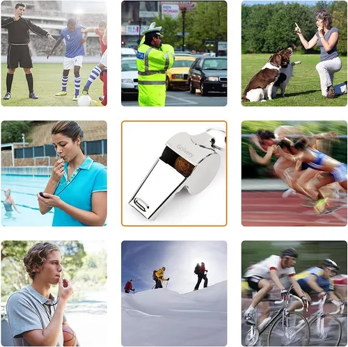 Vista 3 de Golvery Silbato de árbitro de metal, acero inoxidable, silbato extra fuerte con cordón para deportes escolares, fútbol, fútbol, baloncesto