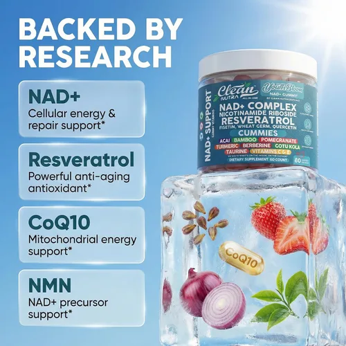 Vista 3 de Gomas de Suplemento Youth Bloom NAD+ con Resveratrol, Fisetin, Germen de Trigo, Berberina, Taurina, Cúrcuma, Colágeno, Astaxantina, Nicotinamida