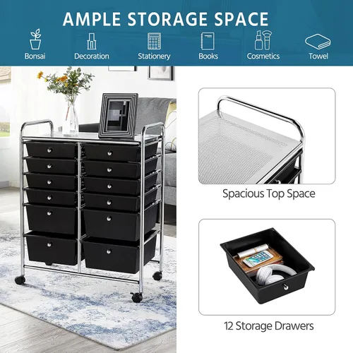 Vista 7 de Topeakmart Organizador de carrito con ruedas de 12 cajones, cajones de almacenamiento de plástico, carrito utilitario, 360 ruedas, color negro