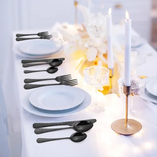Vista 7 de Juego de Cubiertos Florales Negros para 6 Vajilla de Acero Inoxidable 30 Piezas Cubiertos Únicos Utensilios para Comer Vajilla Elegante Tenedor